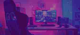 A gaming setup in a dimly lit room featuring a desk with a large monitor, keyboard, and mouse. The screen displays a futuristic game. Surround sound speakers, headphones, and a gaming chair are also visible, all bathed in pink and blue ambient lighting.