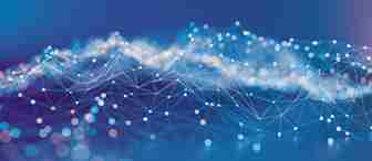 A digital illustration depicts a network of interconnected nodes and lines forming an abstract, wave-like structure in shades of blue and white. The background features a gradient blue hue with scattered bokeh lights, creating a sense of depth and complexity.