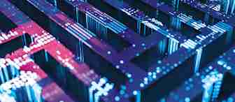 Close-up image of an abstract 3D circuit board with glowing blue and purple lines and blocks. The intricate pattern creates a futuristic, high-tech appearance, suggesting themes related to technology and digital connectivity.