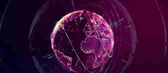 A glowing, digital rendering of Earth is displayed against a dark background. The planet is highlighted in vibrant pink and purple hues, with lines and dots creating a network effect around it, illustrating global connectivity and data exchange.
