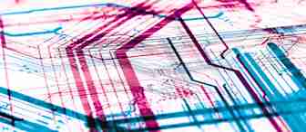 Abstract image of intersecting blue and pink lines and circuits on a white background, evoking the complexity of a computer motherboard or electronic circuitry. The overlapping lines create a sense of depth and intricate connectivity.