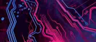 Close-up of a stylized, colorful circuit board with neon pink and blue lines and patterns on a dark purple background. The design features intricate pathways that create a dynamic, futuristic visual effect, resembling electronic circuitry.