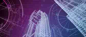 A digital rendering of architectural blueprints features a detailed wireframe of a high-rise building against a gradient background of purple and blue. Various technical drawings and geometric shapes overlay the scene, adding a futuristic and technical aesthetic.