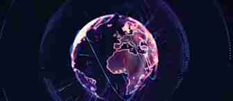 A digital rendering of Earth at night, showcasing glowing neon outlines of continents, focusing on Africa and Europe. Radiating lines and a grid overlay add a futuristic, technological aesthetic, set against a dark background.
