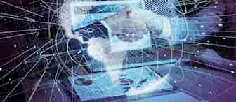 A futuristic image showing a person using a tablet. Surrounding the tablet and their hand are glowing, intricate digital lines and nodes forming a virtual network or globe, suggesting connectivity and advanced technology. A document with charts is on the table.