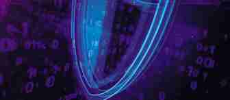 A neon blue shield hologram stands out against a dark background with floating binary code (1s and 0s) in purple hues. The image conveys themes of cybersecurity, data protection, and digital security.