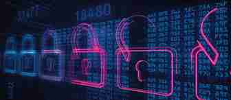 A digital illustration featuring a series of glowing padlocks, alternating between locked (in pink) and unlocked (in blue), against a background of numbers and code. The image symbolizes cybersecurity and data protection.