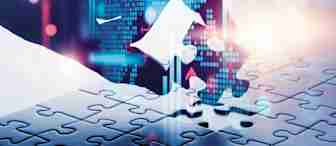 A digital representation of a hand made of glowing blue pixels places a piece in a jigsaw puzzle. The background features digital data elements such as graphs and abstract world maps, suggesting a blend of technology and problem-solving themes.