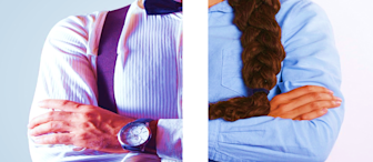 A split image showing the torsos of two people. The left side features a person in a dress shirt, suspenders, a bow tie, and a watch, with arms crossed. The right side shows a person in a casual shirt with long braided hair, also with arms crossed.