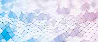 Abstract 3D polygonal surface with connected lines and nodes, creating a wave-like geometric pattern. The colors transition smoothly from blue to pink, adding depth and dimension to the structure. The overall effect is futuristic and visually intriguing.