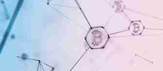 A network representation with geometric connections and hexagonal nodes, featuring the Bitcoin logo prominently in the center. The image has a gradient background transitioning from blue on the left to pink on the right.