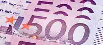 A fanned-out stack of 500 euro banknotes, arranged neatly in a horizontal pattern. The banknotes feature various security elements, including watermarks and holograms, and are predominantly purple in color.