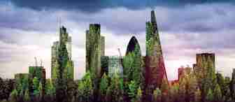 A futuristic cityscape with high-rise buildings and skyscrapers enveloped in greenery, blending urban and natural elements. Dense forests and cloudy skies create an intriguing juxtaposition of nature reclaiming urban structures.