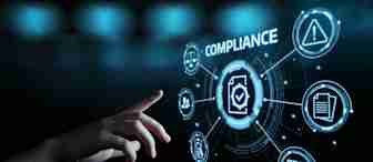 A hand reaches towards a digital interface displaying the word "COMPLIANCE" at the center. Surrounding icons represent various compliance aspects like warning signs, documents, and user profiles, all connected by futuristic lines and circles against a dark background.