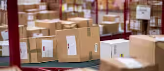 A conveyor belt is filled with numerous cardboard boxes and parcels in various sizes, some with labels and barcodes. The background shows more packages and red metal shelving, indicating a busy warehouse or shipping facility.