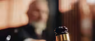 A judge's hand holding a wooden gavel, about to strike it on a sound block, with the judge blurred in the background in a courtroom setting.