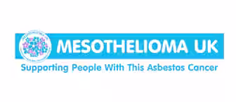A blue and white logo features the text "MESOTHELIOMA UK" in large letters, with the tagline "Supporting People With This Asbestos Cancer" beneath it. On the left side, there is a circular seal with the organization's name and an illustration of blue flowers.
