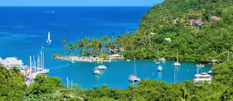 Scenic view of a tropical bay with sailboats and yachts anchored in crystal-clear blue waters, surrounded by lush green hills and palm trees. A small cluster of buildings dot the shore, and the sky is clear with a deep blue hue.