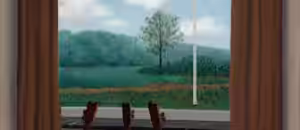 A painting by René Magritte shows a canvas on an easel in front of a window. The canvas depicts the continuation of the outdoor scene, blending seamlessly with a tree and sky view. Brown curtains frame the window.