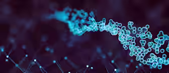 A digital abstract image featuring a glowing blue particle wave flowing through a dark background. Below the wave, a network of interconnected points and lines creates a web-like structure, also illuminated in blue, giving a sense of data transmission and connectivity.