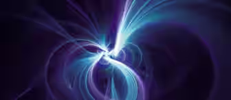 An abstract digital art image with swirling patterns of blue, purple, and white light against a dark background. The design features various loops and curves, creating a sense of movement and energy.