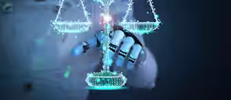 A robotic figure holds a glowing digital scale, symbolizing justice. The scales are made up of interconnected blue lights and lines, standing out against a dark background. The image represents the intersection of artificial intelligence and justice.