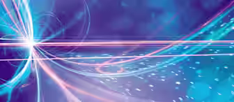 A digital abstract image featuring swirling lines and light beams in shades of blue, pink, and white on a gradient blue and purple background. The design gives a dynamic sense of motion and energy with scattered light particles and a glowing focal point on the left.