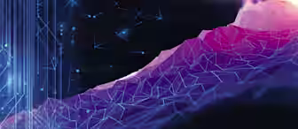 Abstract digital art featuring a 3D mesh landscape with shades of purple, pink, and blue. The scene includes a network of connected points and lines, resembling a futuristic or sci-fi theme, against a black background with subtle, glowing elements and data-like patterns.