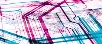 Abstract image of intersecting blue and pink lines and circuits on a white background, evoking the complexity of a computer motherboard or electronic circuitry. The overlapping lines create a sense of depth and intricate connectivity.
