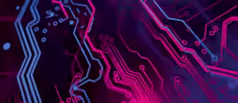 Close-up of a stylized, colorful circuit board with neon pink and blue lines and patterns on a dark purple background. The design features intricate pathways that create a dynamic, futuristic visual effect, resembling electronic circuitry.
