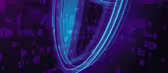 A neon blue shield hologram stands out against a dark background with floating binary code (1s and 0s) in purple hues. The image conveys themes of cybersecurity, data protection, and digital security.