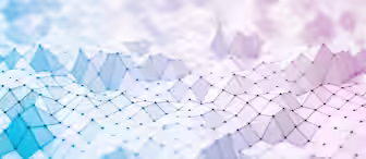 Abstract 3D polygonal surface with connected lines and nodes, creating a wave-like geometric pattern. The colors transition smoothly from blue to pink, adding depth and dimension to the structure. The overall effect is futuristic and visually intriguing.