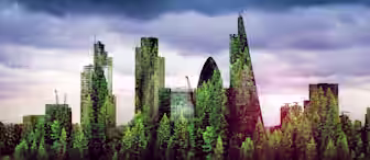 A futuristic cityscape with high-rise buildings and skyscrapers enveloped in greenery, blending urban and natural elements. Dense forests and cloudy skies create an intriguing juxtaposition of nature reclaiming urban structures.