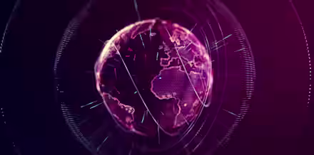 A glowing, digital rendering of Earth is displayed against a dark background. The planet is highlighted in vibrant pink and purple hues, with lines and dots creating a network effect around it, illustrating global connectivity and data exchange.