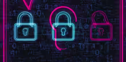 Three neon padlocks are displayed against a dark digital background filled with binary code. The left padlock is blue and locked, the center padlock is blue and unlocked, and the right padlock is pink and partially open. The image represents cybersecurity.