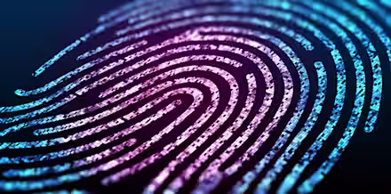 A close-up of a digital fingerprint illustration with vibrant colors. The fingerprint has intricate, curved lines and is depicted in shades of blue and purple, with a glowing effect against a dark background. The image represents biometric security technology.