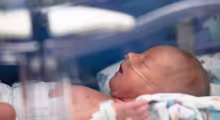 A newborn baby lies in an incubator. The baby has a nasal cannula providing oxygen and is swaddled with a patterned blanket. The image conveys a sense of care and medical support for the infant.