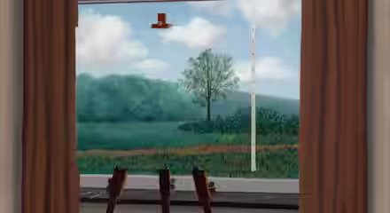 A painting by René Magritte shows a canvas on an easel in front of a window. The canvas depicts the continuation of the outdoor scene, blending seamlessly with a tree and sky view. Brown curtains frame the window.