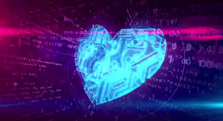 A glowing blue heart composed of circuit patterns is set against a background of dark purple and pink hues, overlaid with binary code and programming text. The image suggests a blend of technology and love or emotions.