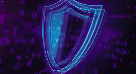 A neon blue shield hologram stands out against a dark background with floating binary code (1s and 0s) in purple hues. The image conveys themes of cybersecurity, data protection, and digital security.