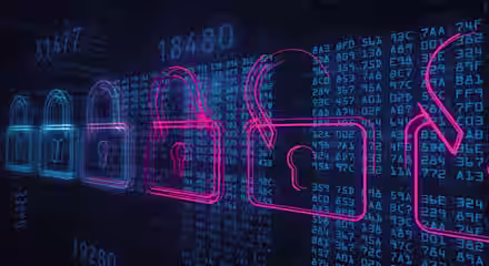 A digital illustration featuring a series of glowing padlocks, alternating between locked (in pink) and unlocked (in blue), against a background of numbers and code. The image symbolizes cybersecurity and data protection.