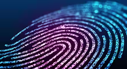 A close-up of a digital fingerprint illustration with vibrant colors. The fingerprint has intricate, curved lines and is depicted in shades of blue and purple, with a glowing effect against a dark background. The image represents biometric security technology.