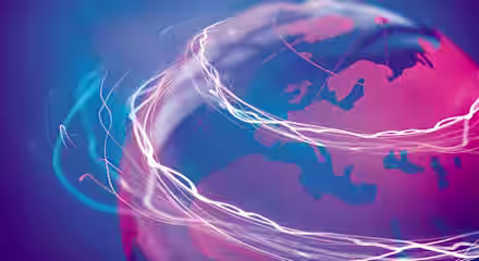 A digital rendering of a globe with dynamic light trails circling around it, highlighting connections across continents. The background is a gradient of blues and purples, giving a futuristic and interconnected world impression.