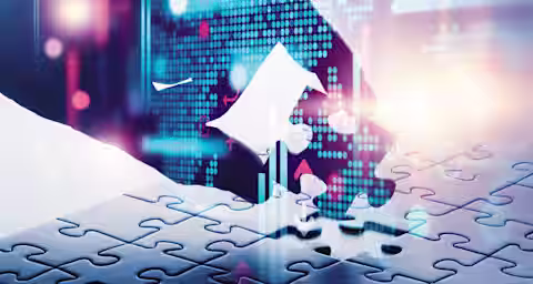 A digital representation of a hand made of glowing blue pixels places a piece in a jigsaw puzzle. The background features digital data elements such as graphs and abstract world maps, suggesting a blend of technology and problem-solving themes.