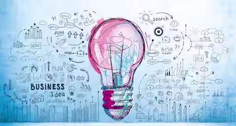 An illustration of a giant light bulb symbolizing a creative idea. The background is filled with various doodles related to business concepts, such as graphs, gears, icons, arrows, and words like "plan," "search," and "work" scattered around the light bulb.