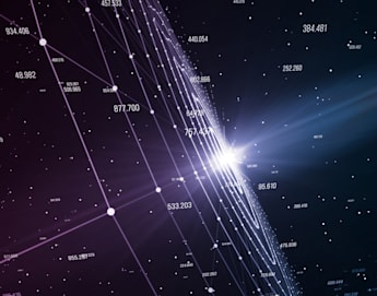 A digital rendering of a starry night sky with interconnected nodes and lines forming a network pattern on the left. Several numerical values are scattered throughout the image against a dark backdrop, creating an impression of data points or constellations.