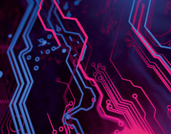 Close-up of a stylized, colorful circuit board with neon pink and blue lines and patterns on a dark purple background. The design features intricate pathways that create a dynamic, futuristic visual effect, resembling electronic circuitry.