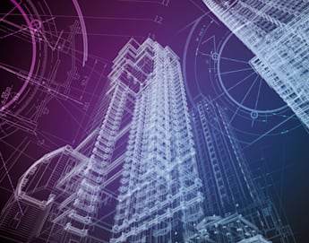 A digital rendering of architectural blueprints features a detailed wireframe of a high-rise building against a gradient background of purple and blue. Various technical drawings and geometric shapes overlay the scene, adding a futuristic and technical aesthetic.