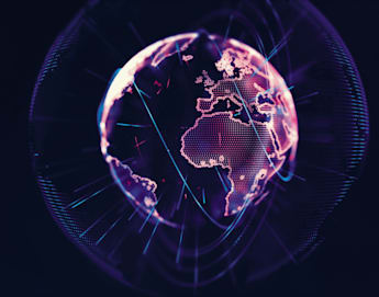 A digital rendering of Earth at night, showcasing glowing neon outlines of continents, focusing on Africa and Europe. Radiating lines and a grid overlay add a futuristic, technological aesthetic, set against a dark background.