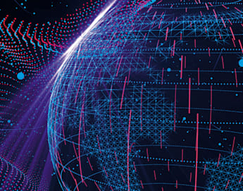 A digital representation of Earth adorned with a network of glowing interconnected nodes and lines, set against a dark background. Vibrant blue and purple lights and dots create an abstract, futuristic look with bright light emanating from the top of the globe.